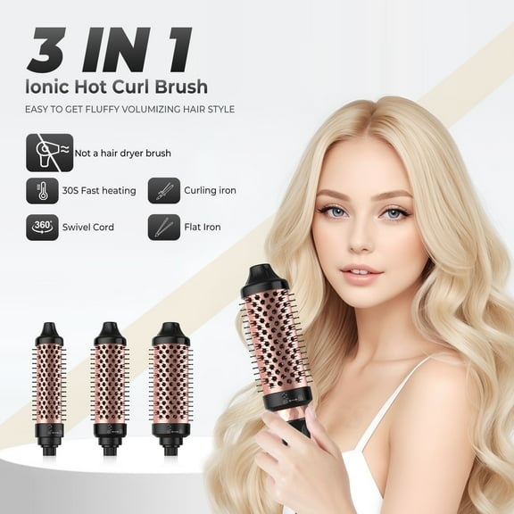 3-in-1 Hot Brush Styler, Professional Ionic Flat Iron, Curling Iron, and Volumizing Round Brush Combo with Ceramic Barrel and Adjustable Temperature for Frizz-Free Styling