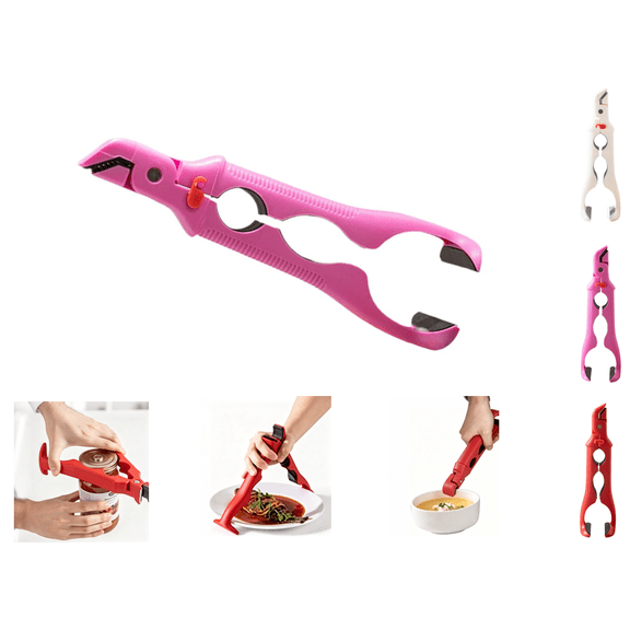 3-in-1 Hot Plate Gripper, Multi-angle Anti-Scald Bowl Holder Clip & Hot Plate Grabber Tool with Lock, Heat Resistant Silicone Kitchen Tool with Lock & Bottle Opener(Pink)