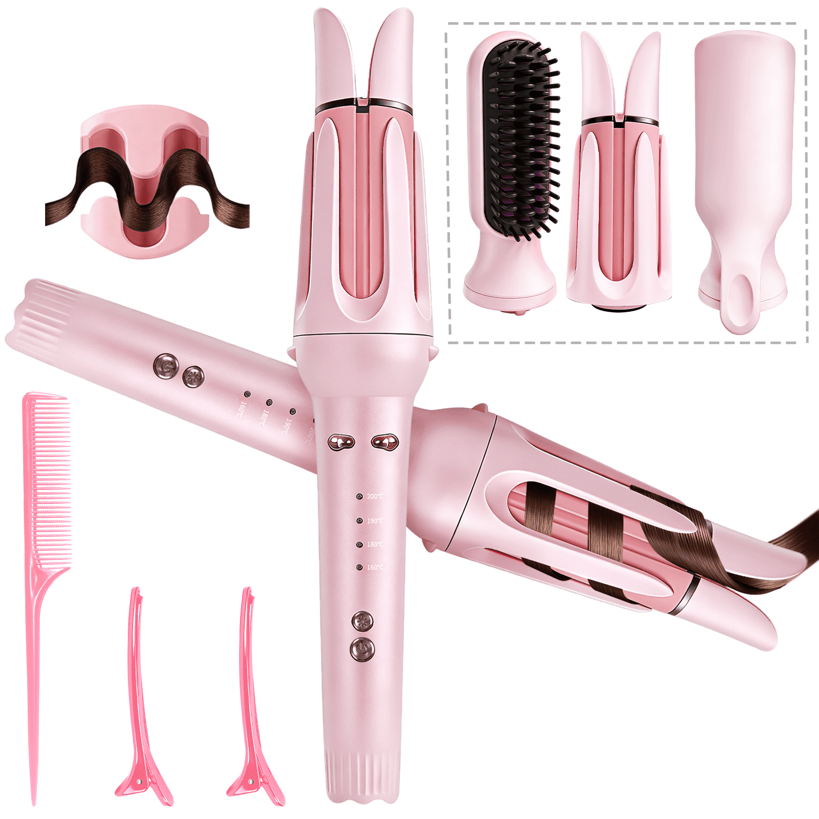 3-in-1 Auto Rotating Curling Iron with Waver & Straightener Brush, Anti-Scald Hair Styler Pink