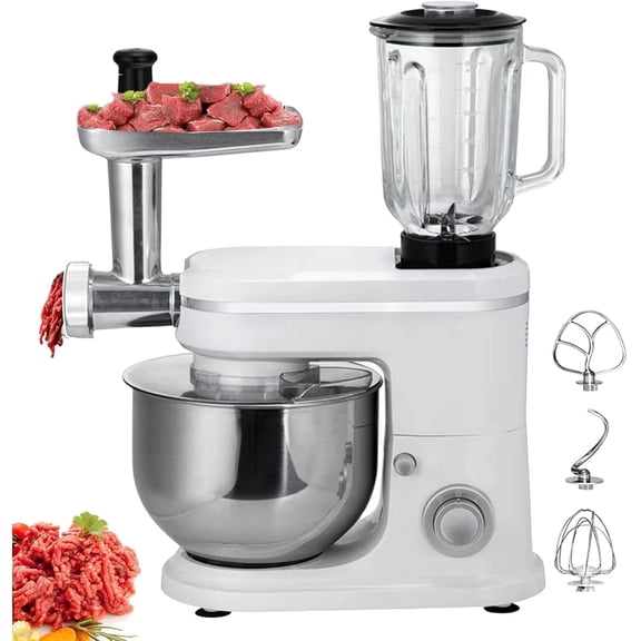 3-in-1 Household Kitchen Mixers with Stainless Steel 6 Liter Bowl, Kitchen Mixer with Blender and Meat Grinder, Electric Chopper for Meat Vegetables, with Meat Grinder/Stirring Stick,White