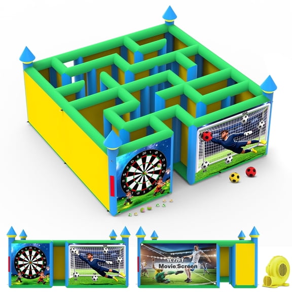 3 in 1 Inflatable Maze 16.5x16.5FT with 950W Blower for Multiple Challenging Games, Soccer Dart Board, Movie Screen from Day to Night(Green)