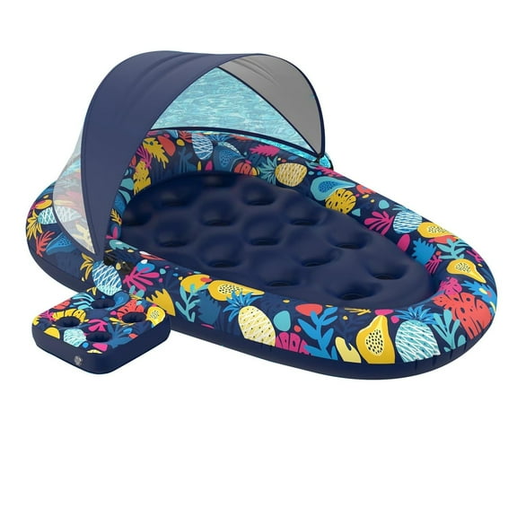 3-in-1 Inflatable Pool Float with Canopy and Cup Holder, Adult Pool Lounger Raft for Swimming Pools, Lakes and Beaches, for Relaxation and Pool Parties