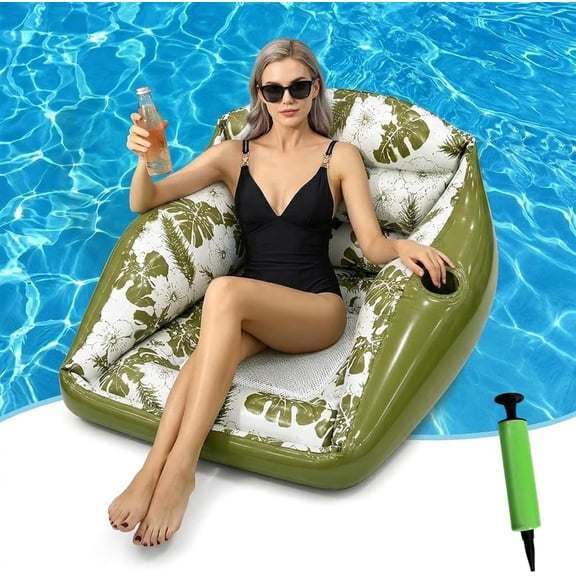 3-in-1 Inflatable Pool Float Chair with Cup Holder and Pump, Heavy Duty Water Hammock Lounge with Cooling Mesh Seat, Oversized Blow Up Floating Sofa Raft for Adults, Lake River Pool Party