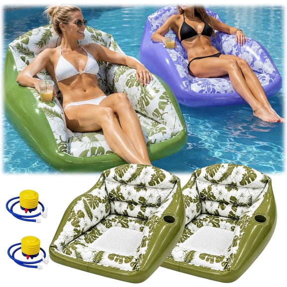 3-in-1 Inflatable Pool Lounge Chair (33.85 * 33.07in), Load Capacity of 350 lbs, Anti-Rollover & Ergonomic Design, U-Shaped Water Inflatable Pool Float with Cup Holder