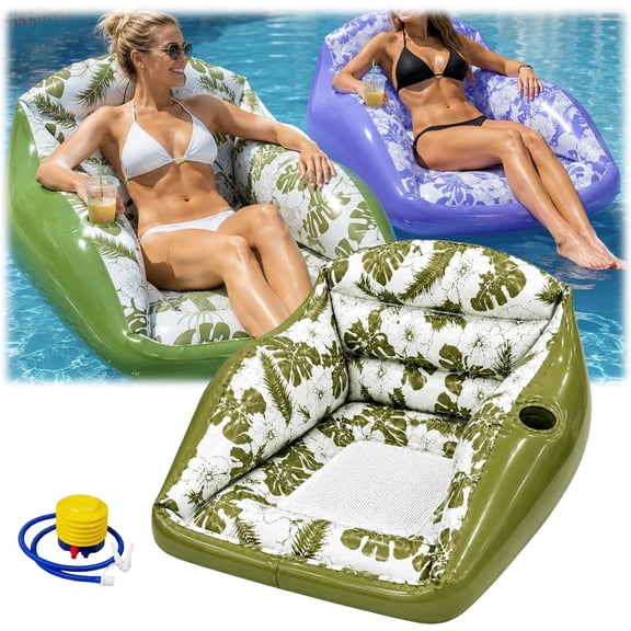 3-in-1 Inflatable Pool Lounge Chair (33.85 * 33.07in), Load Capacity of 350 lbs, Anti-Rollover & Ergonomic Design, U-Shaped Water Inflatable Pool Float with Cup Holder