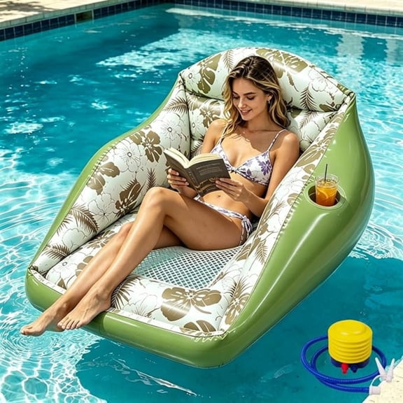 3-in-1 Inflatable Pool Lounge Chair, Adult Floating Recliner Water Hammock Sofa with Cup Holder, Breathable Mesh Aqua Lounger Floating Seat with Backrest for Pool Beach Summer Party Vacation