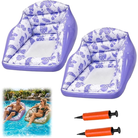 3-in-1 Inflatable Pool Lounge Chair for Adults, Heavy Duty Water Sofa Float with Cup Holder & Blow Up Floating Hammock, Perfect for Summer (Purple 2PC)