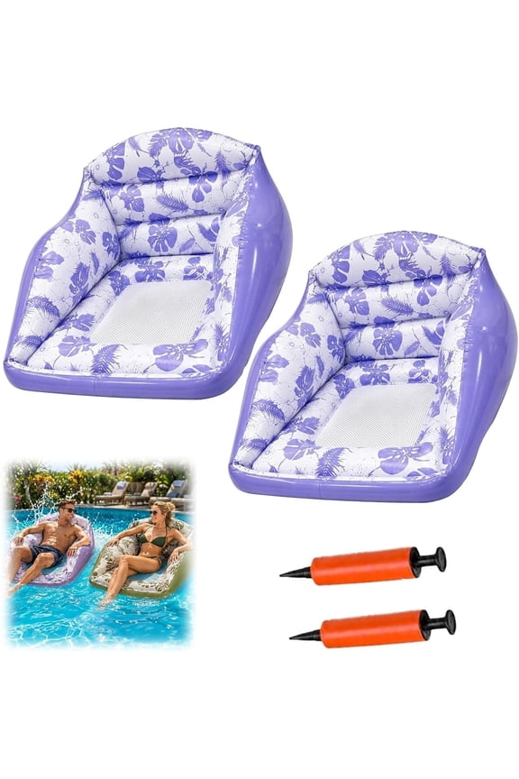 3-in-1 Inflatable Pool Lounge Chair for Adults, Heavy Duty Water Sofa Float with Cup Holder & Blow Up Floating Hammock, Perfect for Summer (Purple 2PC)