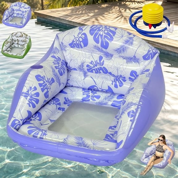 3-in-1 Inflatable Pool Lounge Chair, Cozy Floating Couch Lounger with Cup Holder, Essential Summer Accessory for Sunbathing, Tanning, and Poolside Relaxing
