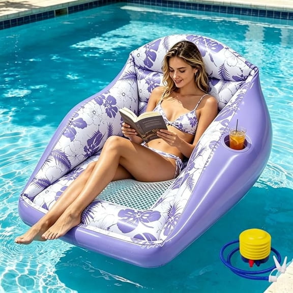 3-in-1 Inflatable Pool Lounge Chair, Ergonomic Water Sofa Float with Cup Holder, Quick Inflate Design for Easy Setup, Perfect to Enjoy Summer Vacation and Pool Party Time