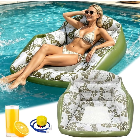 3-in-1 Inflatable Pool Lounge Chair, Heavy Duty Inflatable Lounge Sofa Pool for Adults, Floating Pool Couch with Cooling Mesh Seat & Cup Holder, Blow Up Water Sofa for Pool, Backyard (Green)