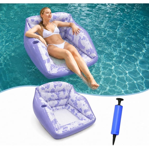 3-in-1 Inflatable Pool Lounge Chair, Inflatable 3-in-1 Lounge Chair Pool Float, Foldable Lazy Lounger with Cup Holder, Outdoor Games for Parties Summer Vacation (Purple)