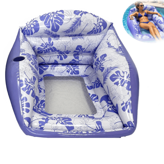 3-in-1 Inflatable Pool Lounge Chair, Square Water Lounger with Breathable Mesh, Sturdy 350 Lbs Support, Convenient Cup Holders for Poolside Relaxation