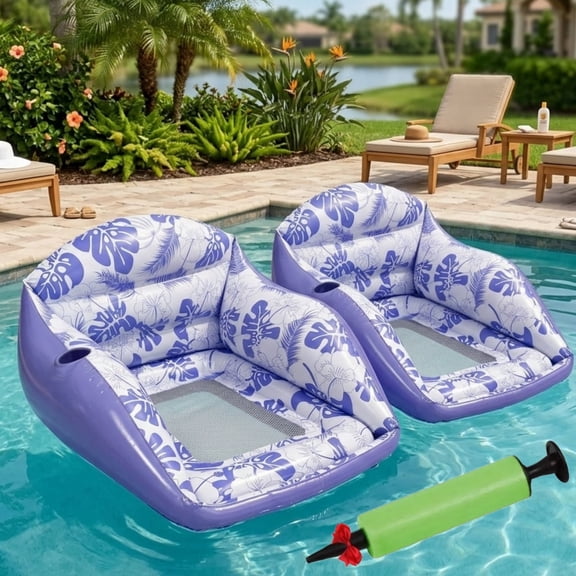 3-in-1 Inflatable Pool Lounge Chair, Tropical Style Float Chair with Cup Holder, Adult Floating Lounge Chair with Mesh Seat for Pools, Lake, Beach and Summer Parties