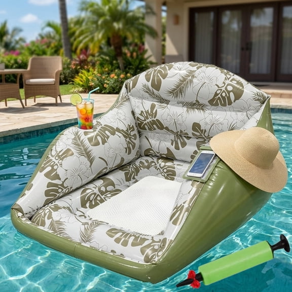 3-in-1 Inflatable Pool Lounge Chair, Tropical Style Float Chair with Cup Holder, Adult Floating Lounge Chair with Mesh Seat for Pools, Lake, Beach and Summer Parties