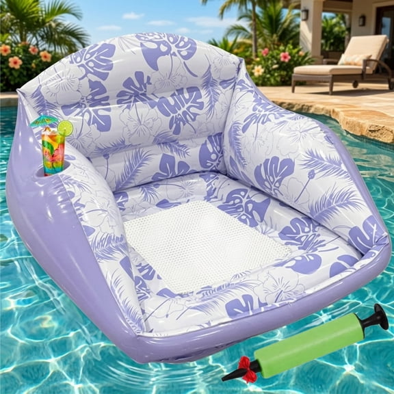 3-in-1 Inflatable Pool Lounge Chair, Tropical Style Float Chair with Cup Holder, Adult Floating Lounge Chair with Mesh Seat for Pools, Lake, Beach and Summer Parties
