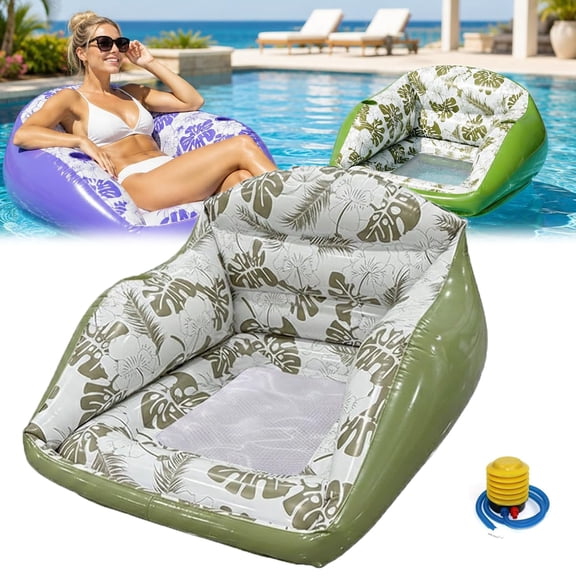3-in-1 Inflatable Pool Lounge Chair,Tropical Style Float Chair with Cup Holder,U-Shaped Floating Hammock Couch for Pool Lake Beach Summer Vacation