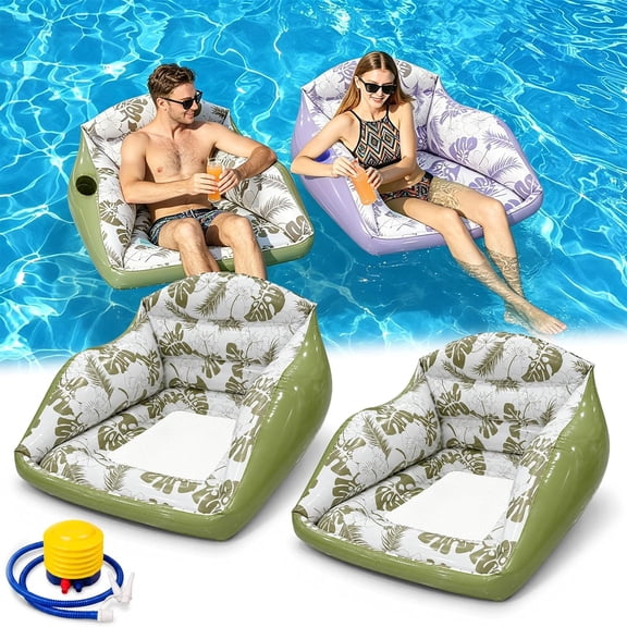 3-in-1 Inflatable Pool Lounge Chair, U-Shaped Inflatable Sofa Pool Float with Cup Holder, Adult Floating Lounge Chair with Mesh Seat for Pools, Lake, Beach and Summer Parties (Green+Green)
