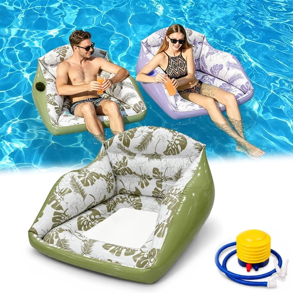 3-in-1 Inflatable Pool Lounge Chair, U-Shaped Inflatable Sofa Pool Float with Cup Holder, Adult Floating Lounge Chair with Mesh Seat for Pools, Lake, Beach and Summer Parties