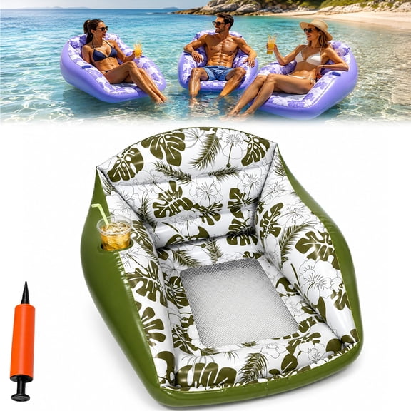3-in-1 Inflatable Pool Lounge Chair,U-Shaped Water Inflatable Floating with Cup Holder Heavy Duty Blow Up Pool Accessories Floats Adult Comfortable Beach Chairs for Parties Lake Summer Vacation