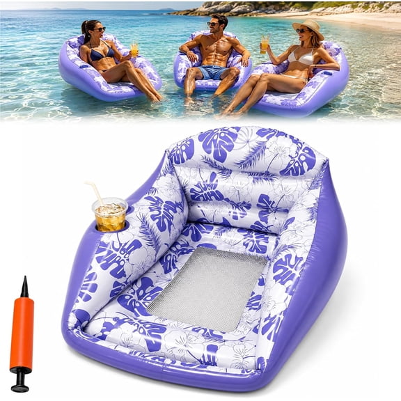 3-in-1 Inflatable Pool Lounge Chair,U-Shaped Water Inflatable Floating with Cup Holder Heavy Duty Blow Up Pool Accessories Floats Adult Comfortable Beach Chairs for Parties Lake Summer Vacation