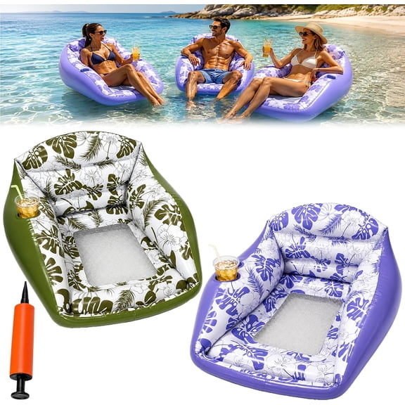 3-in-1 Inflatable Pool Lounge Chair,U-Shaped Water Inflatable Floating with Cup Holder Heavy Duty Blow Up Pool Accessories Floats Adult Comfortable Beach Chairs for Parties Lake Summer Vacation