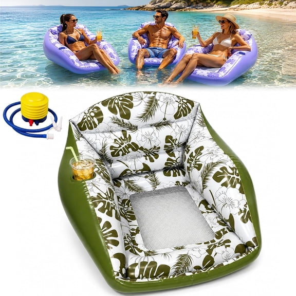 3-in-1 Inflatable Pool Lounge Chair,U-Shaped Water Inflatable Floating with Cup Holder Heavy Duty Blow Up Pool Accessories Floats Adult Comfortable Beach Chairs for Parties Lake Summer Vacation