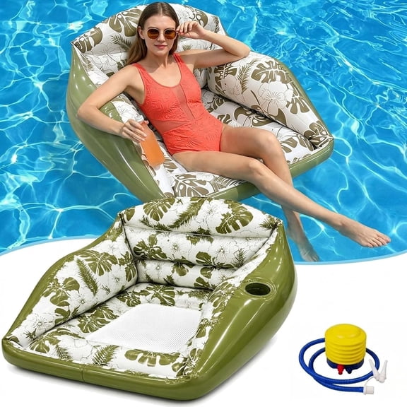 3-in-1 Inflatable Pool Lounge Chair, U-Shaped Water Inflatable Pool Float with Cup Holder, Adult Water Pool Floats, Comfortable Pool Lounge for Summer Vacation