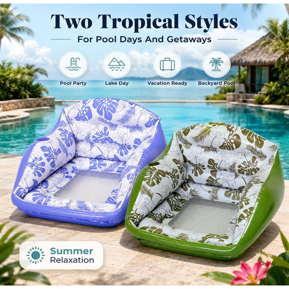 3-in-1 Inflatable Pool Sofa Float, 35"* 34" Heavy Duty Water Lounge Chair with Cup Holder, Comfortable Floating Couch for Adults, Portable Inflatable Lounge Chair for Beach, Pool Party Green