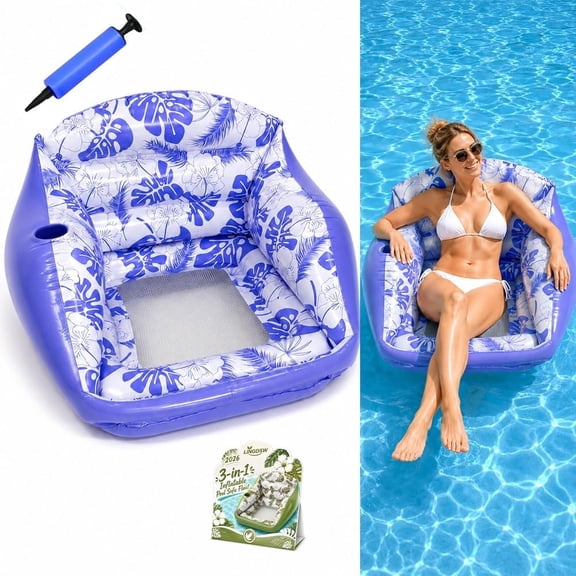 3-in-1 Inflatable Pool Sofa Float, Heavy Duty Water Lounge Chair with Cup Holder, Comfortable Floating Couch for Adults, Portable Inflatable Lounge Chair for Beach, Pool Party & Summer Vacation