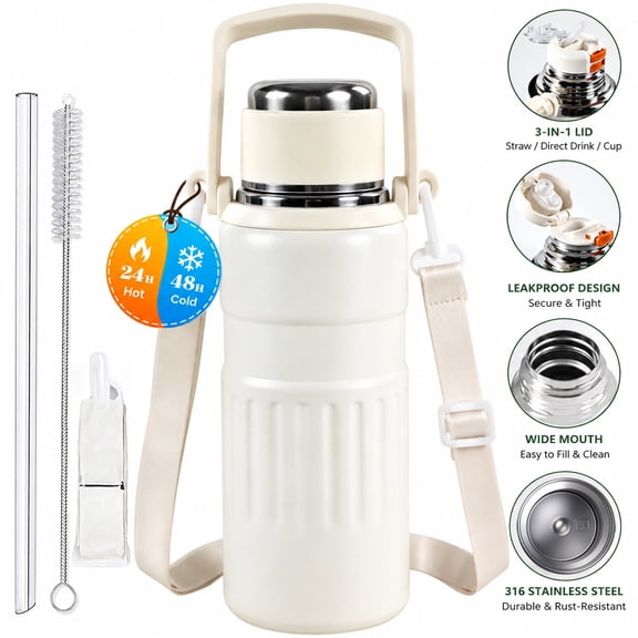 3-in-1 Insulated Water Bottle, 34oz Leakproof Stainless Steel Thermos with Straw & Spout Lid, 316 Stainless Steel Interior(Beige), Handle & Adjustable Strap for Work, Gym, Travel & Hot & Cold Drinks