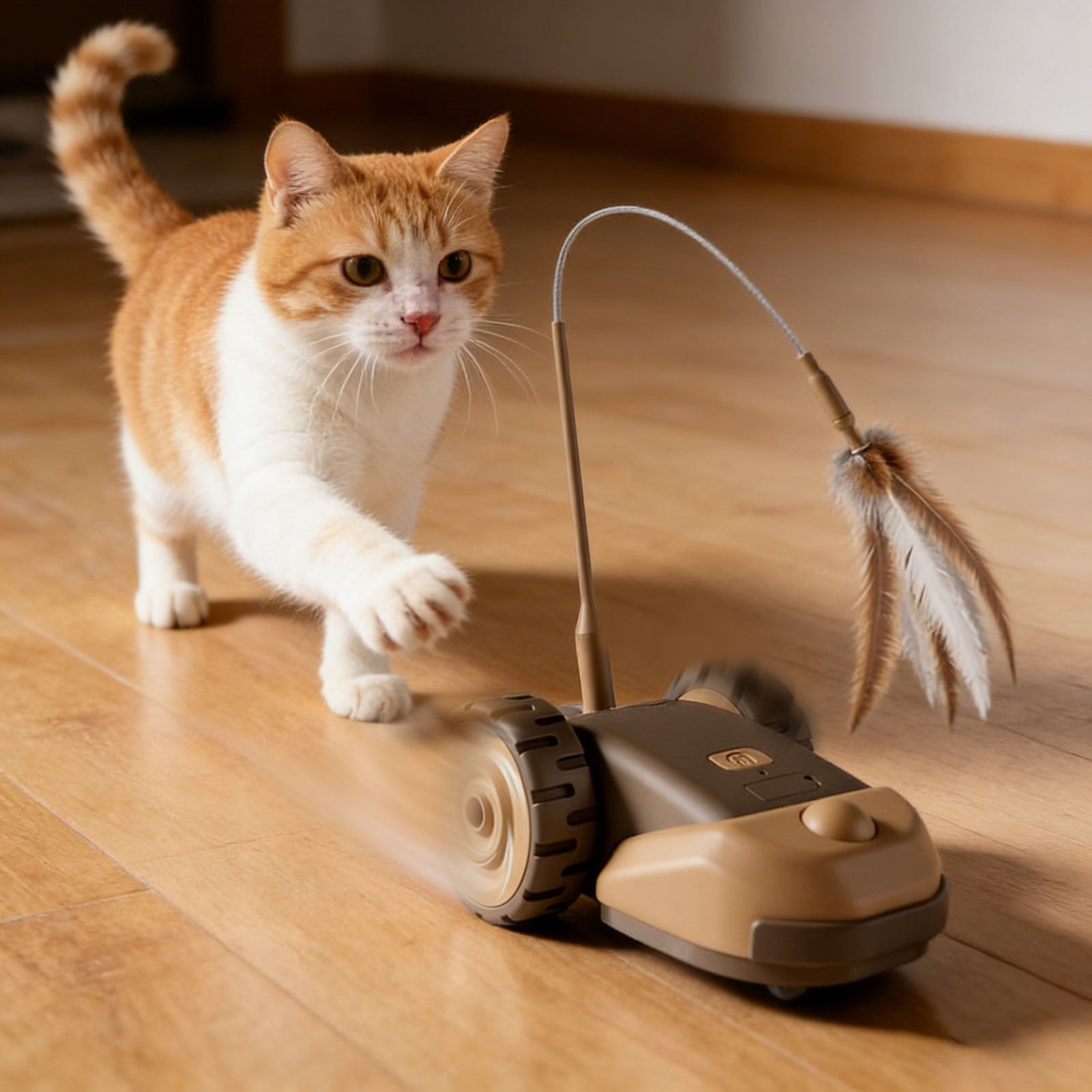 3-in-1 Interactive Cat Toy - 2-Speed Automatic Moving Mouse Cat Toys Self Play with Hanging Feather String Ribbon and Wiggly Silicone Mice Tail for Bored Indoor Adult Cats Kittens