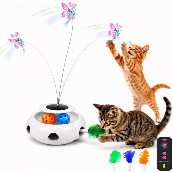 3-in-1 Interactive with Remote Control, Butterfly Wand & Automatic retractable feathers & Rolling Ball Track, Multi-functional for Indoor Cats, Suitable for Bored kitten, white