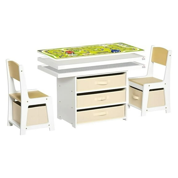 3-in-1 Kids Activity Table and Chairs Set with 3 Surfaces for Drawing, Building, Road Map with 2 Cars, Storage Baskets, Toddler Activity Table for Preschool Children