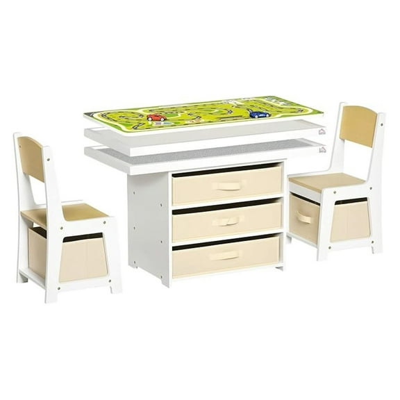 3-in-1 Kids Activity Table and Chairs Set with 3 Surfaces Including Kids Drawing Table, Kids Building Blocks Table, Road Map with 2 Cars, Storage Baskets for Preschool Children