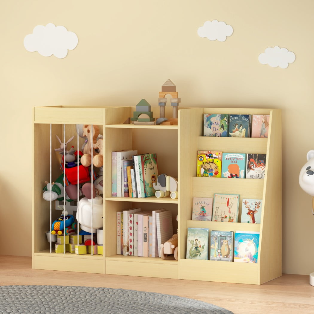 3-in-1 Kids Bookshelf and Toy Storage, 4-Tier Montessori Bookcase with Sling Stuffed Animal Organizer & 3-Tier Toy Shelf for Nursery, Playroom & Kindergarten, Natural