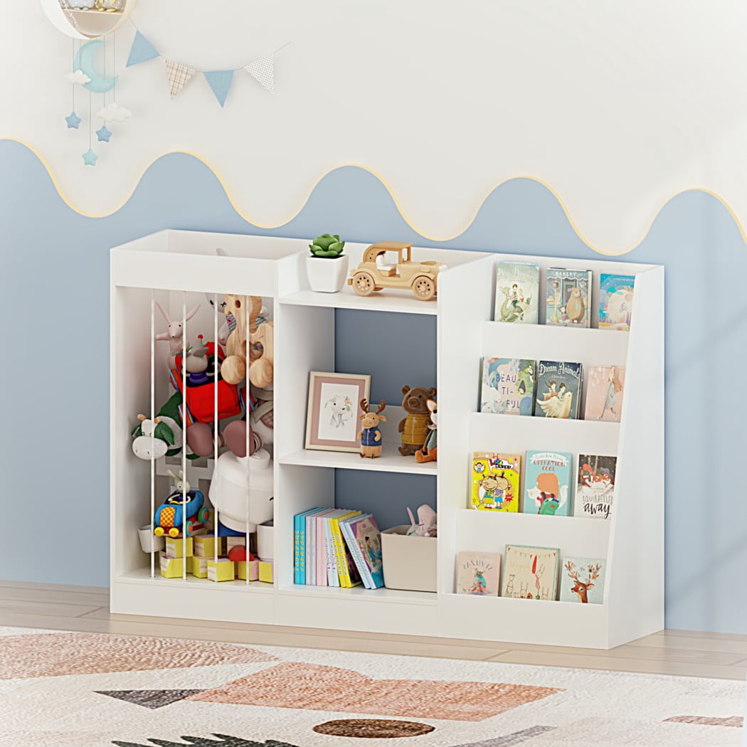 3-in-1 Kids Bookshelf and Toy Storage, 4-Tier Montessori Bookcase with Sling Stuffed Animal Organizer & 3-Tier Toy Shelf for Nursery, Playroom & Kindergarten, White