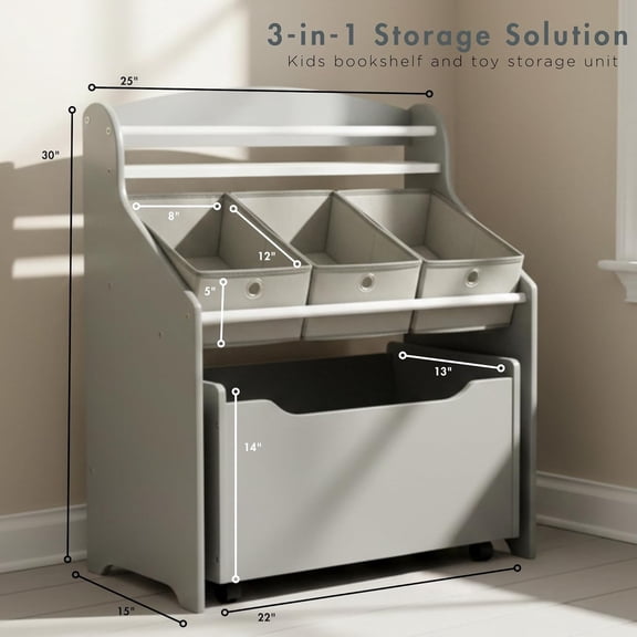3-in-1 Kids Bookshelf and Toy Storage Organizer, Grey