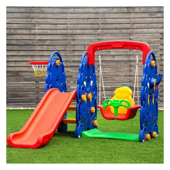 3-in-1 Kids Climber Slide Swing Set - Toddler Playground with Basketball Hoop - HDPE Plastic - 66lbs Max Swing Weight - Outdoor Play Equipment