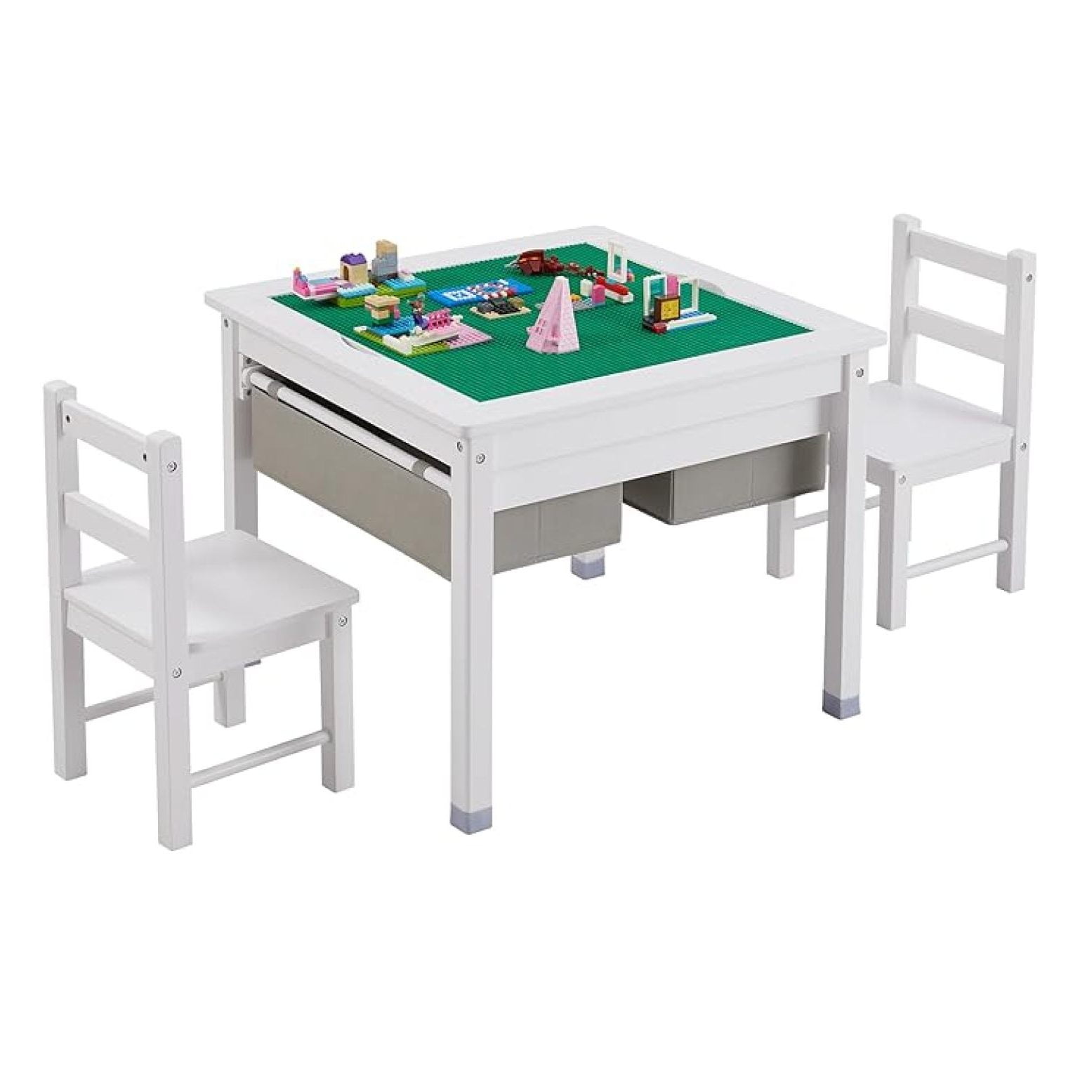 3 in 1 Kids Construction Play Table & 2 Chairs Set with Storage Drawers ...