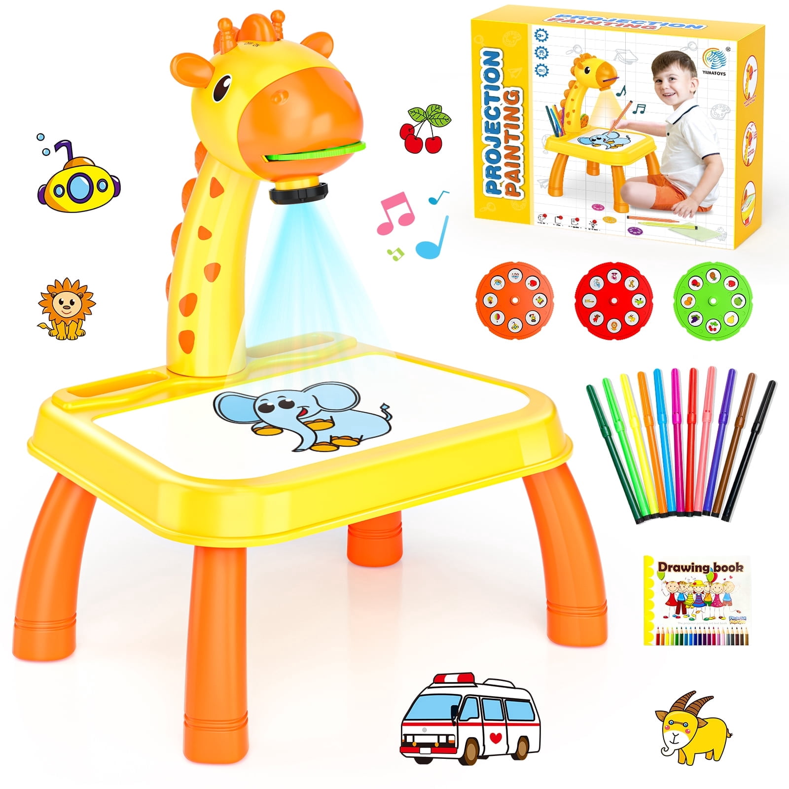 HXFOU 3-in-1 Kids Drawing Projector Art Set with Music, Deer Shaped Art Tracing Projector for Toddlers, Includes Art Supplies & 72 Patterns, Gift for Ages 3+