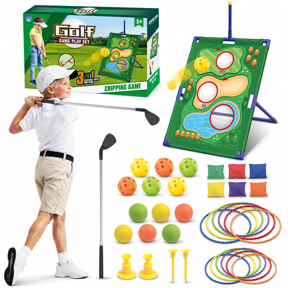 Simarrant 3-in-1 Kids Golf Game Set, Ring Toss and Bean Bag Toss Outdoor Sports Toy, Adjustable Golf Putting Practice Game Board with Balls, Indoor Outdoor Yard Game for Boys Girls Ages 3