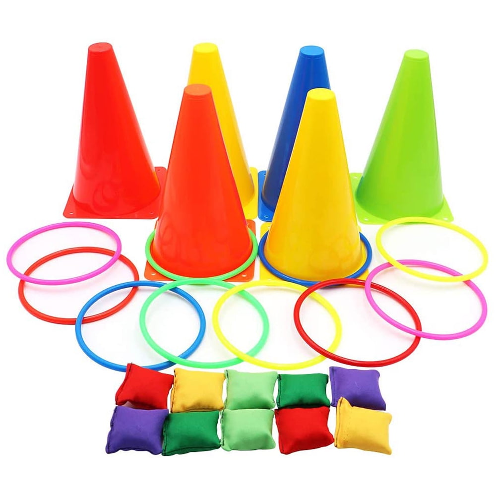 3 in 1 Kids Outdoor Ring Toss Game Set Children Traffic Cone Bean Bags