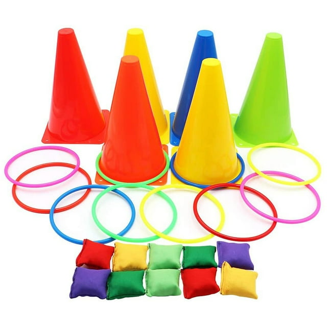 3 in 1 Kids Outdoor Ring Toss Game Set Children Traffic Cone Bean Bags