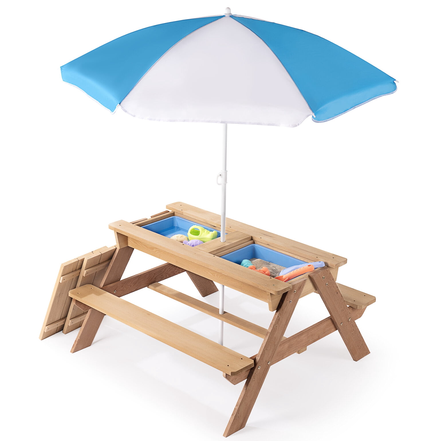3-in-1 Kids Picnic Table with Adjustable Umbrella Shade, Convertible Water & Sand Play Table, Natural Cedar Wood Outdoor Furniture, CPSIA Certified, Sturdy Triangle Design for Safe Family Use