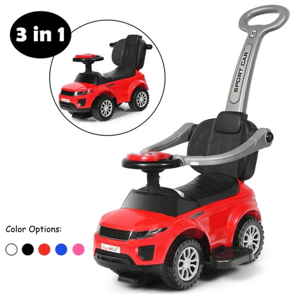 3-in-1 Kids Ride On Push Car for 12-36 Months Removable Handle Anti-Roll Board Horn Music Red