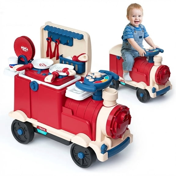3-in-1 Kids Ride-On Train and Pretend Play Kitchen Set, Toddler Construction Toy with Realistic Cookware Accessories, Ages 2-5