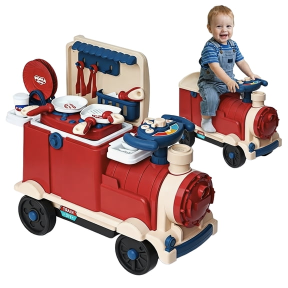 3-in-1 Kids Ride-On Train and Pretend Play Kitchen Set, Toddler Construction Toy with Realistic Cookware Accessories, Ages 2-5