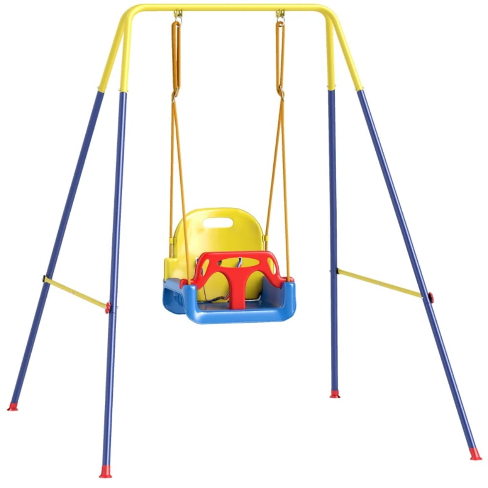 3-in-1 Kids Swing, Adjustable Height A-Frame Swing Set, Foldable Metal Swing with Safety Belt for 9 Months-8 Years, Indoor Outdoor Garden Patio