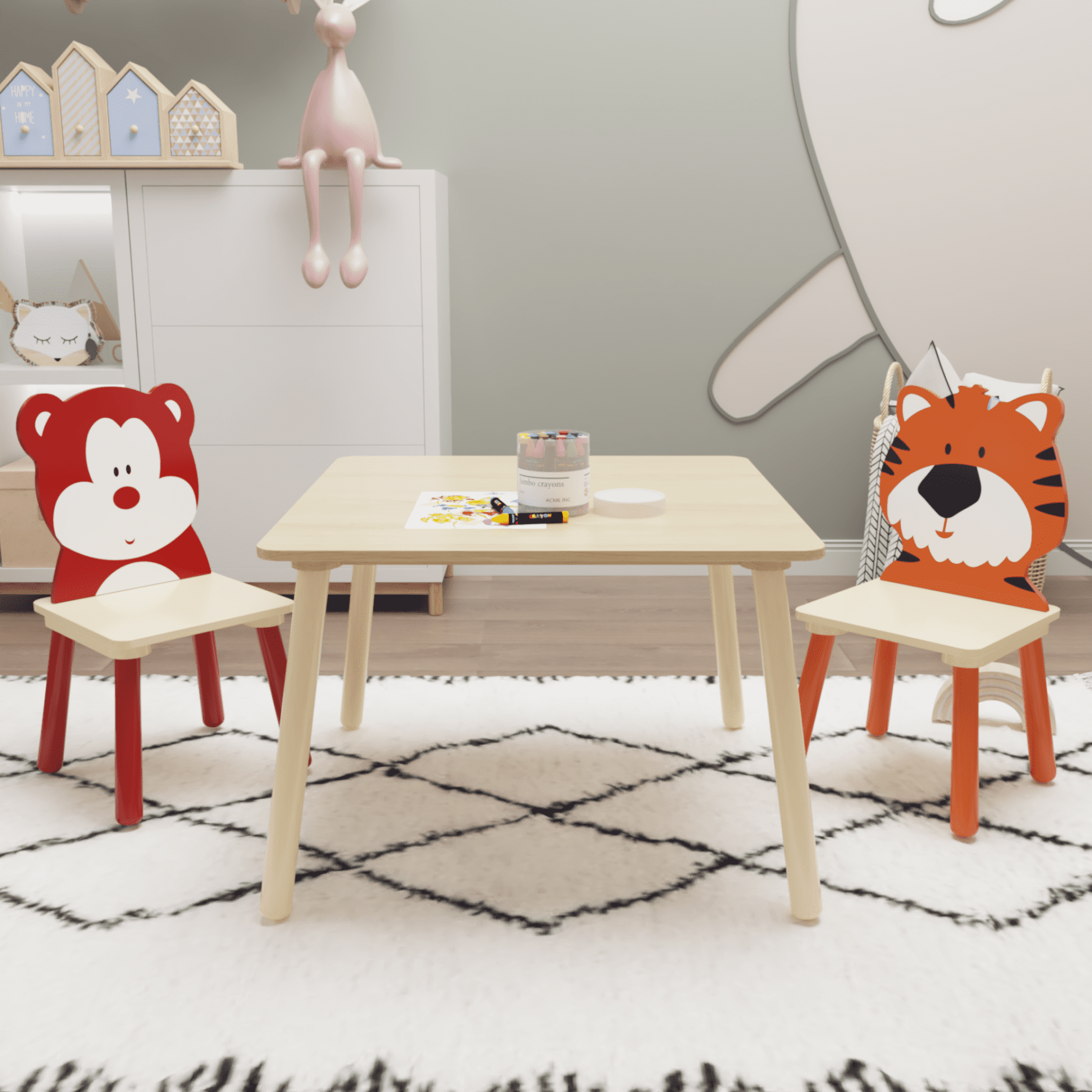 3-in-1 Kids Table and Chair Set, Modern Wooden Activity Play Table Set with 2 Chairs, Toddler Craft Desk for Drawing, Painting, Home, Playroom, Children's Gift, Natural + Red